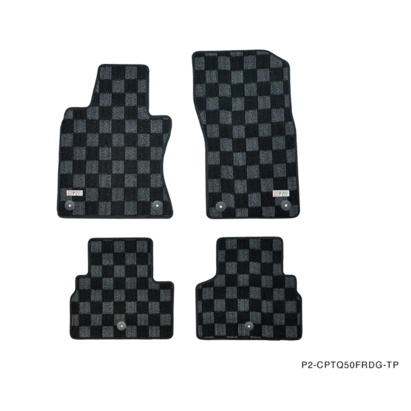 Phase 2 Motortrend (P2M) Front & Rear Checkered Race Carpet Floor Mats (Dark Grey) - Infiniti Q50 Sedan (2013+)